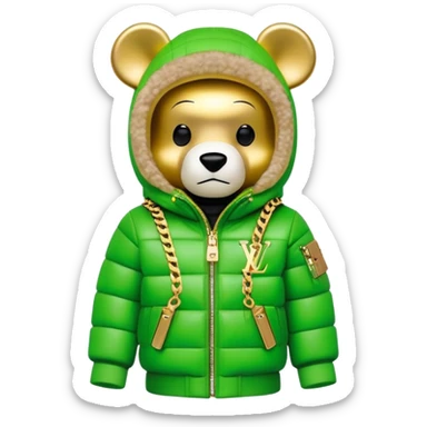 traditional cube-shaped bearbrick toy with squared head, lime balaclava with graffiti logos and integrated dark visor shield, Louis Vuitton monogram puffer jacket with plush fur hood trim, gold chains sticker