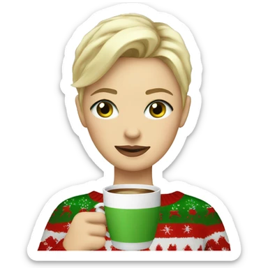 Short haired blonde girl with green eyes drinking coffee wearing Christmas sweater sticker