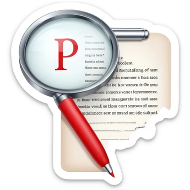 Create an emoji representing editing and proofreading. The design should feature an open document or manuscript with visible text and proofreading marks (such as red underlines or corrections). A red pen or pencil should be placed near the document, symbolizing the act of making edits. Optionally, include a magnifying glass to represent careful review. Use neutral and professional colors like white, black, and red accents to highlight the editing process. Do not include any emojis or smiley faces. Make the background transparent. sticker
