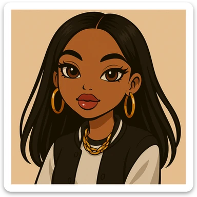 Change her expression to dreamy, headshot only, 20-year-old anime Bratz style woman with dark skin, straight hair, more casual outfit, big expressive eyes, glossy lips, no hat, no tears, looking straight ahead. The style should reflect anime Bratz aesthetics with emphasis on big expressive eyes and glossy lips. sticker