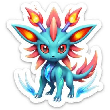 Futuristic volcanic elemental badass cool tough evil Suicune-Bayleaf-Celebi-Pokémon-Fakémon-hybrid-creature sticker