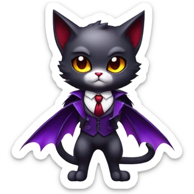 Cute-Evil-Vampiric-Batty-Cat-Black-Purple-Red-Yellow-Contrast-Colors-Fantasy-Fur-Sona-Chibi-Shiny-Fakémon-Hybrid with horns and big fangs neck bow white tie leg spats full body sticker