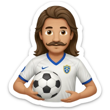 long haired man soccer player with mustache holding soccer ball sticker