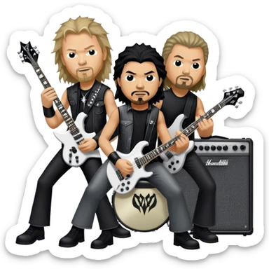Icon for Metal Music: Metallica band members detailed in their signature look. James Hetfield with guitar, Lars Ulrich on drums, Kirk Hammett with his electric guitar, and Robert Trujillo playing bass. Bold, energetic style with musical notes, all in a heavy metal aesthetic. Transparent background. sticker