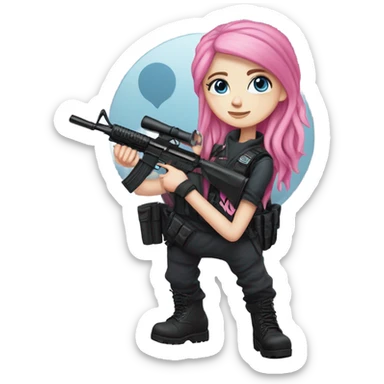 girl, white skin, tactical vest, dark pants, long pink hair, blue eyes, black beanie hat with crescent moon on front, black combat boots, gun, full body sticker