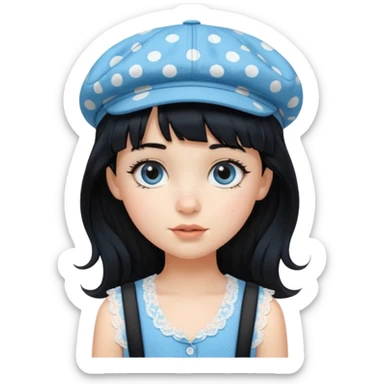 pinterst girl with heavy bang, black long hair and black pica dot newsboy cap on her hat, wearing baby blue color lace sleeveless  sticker