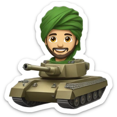a prince from Saudi Arabia with a beard in a national headdress riding  on a tank, smiling  sticker