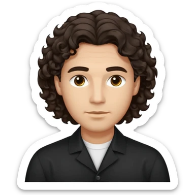He’s a man with light to medium skin, a defined oval face, full brows, deep-set eyes, and voluminous wavy to curly dark brown hair styled with height. expression calm and focused relaxed black open-collar shirt.polished, articulate, and professional vibe. sticker
