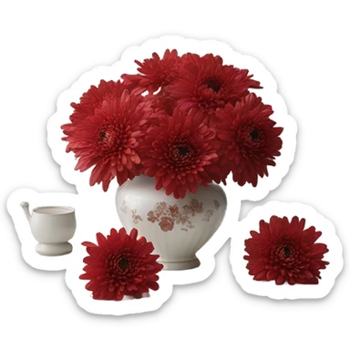 A Victorian oil painting of red chrysanthemums in a delicate porcelain vase on a lace-covered table. sticker