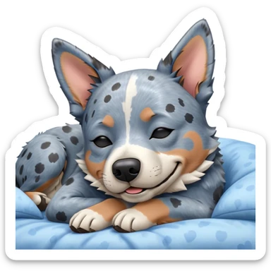 Meme-Worthy Cute Sleeping Blue Speckle Australian Cattle Dog Portrait Emoji, Head resting peacefully with a contented smile, showcasing a robust build and a luxuriously soft blue speckle Fur, eyes shut in a serene nap, Simplified yet hilariously adorable features, highly detailed, glowing with a soft, drowsy light, high shine, relaxed and utterly lovable, stylized with an air of playful laziness, bright and heartwarming, soft glowing outline, capturing the essence of a comically sleepy herder, so meme-worthy it feels like it could instantly become the next viral sensation of adorable slumber! sticker