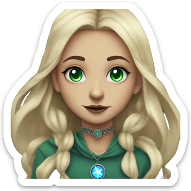 blonde witch girl with green eyes and straight hair with a birthmark above her upper lip wearing a necklace in a form of pentacle with a small blue stone inside doing tarot spread  sticker