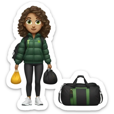 A sporty girl in a black short puffer with brown wavy hair and with a gym bag. Stylish baggy outfit. Green eyes sticker