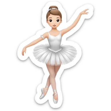 A ballerina dancing with point shoes and in a white tutu with a ribbon on her waist, she has a slick bun and a great posture sticker