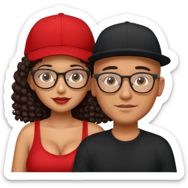 A picture of an embracing tanned couple. the man is a Mexican man with tanned skin, with a bald hair cut wearing a red SnapBack hat and wearing a black shirt. the woman is mixed, with glasses,  with long curly dark brown hair and with big boobs.  sticker