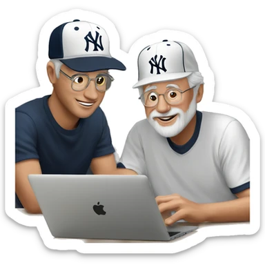 Young man with New York yankees hat helping old man with a Belgium hat to use artificial intelligence on a MacBook  computer sticker