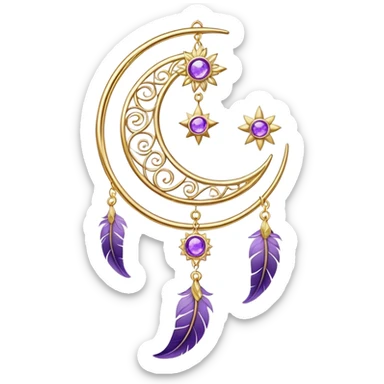 Epic beautiful gorgeous cute gold suncatcher, threads with shiny sparkly amethyst gemstones, flowers, crescents-moons, stars, violet Feather sticker