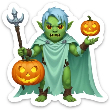 male orc warrior ghost emoji, green skin, tusks, wearing torn white ghost sheet costume, holding glowing jack-o'-lantern, faint blue aura, friendly but spooky expression, Halloween fantasy theme, Apple emoji style, clean white background, square sticker