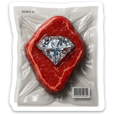 meat steak with sparkling diamond facets, glossy and puffy, vacuum-sealed style sticker