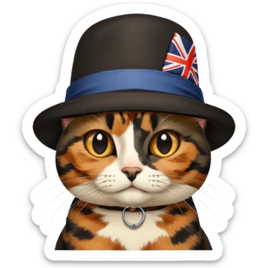 tortoiseshell cat with a british hat. mostly black and brown. NO WHITE sticker