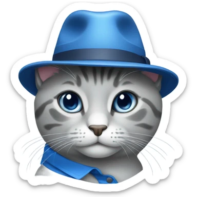 A gray cat wearing a blue polo and a white fedora sticker