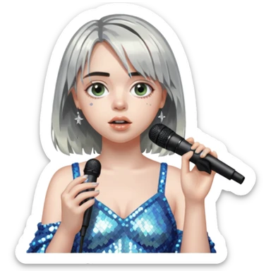 billie eilish is singing, holding mirco and twinkle dresss sticker