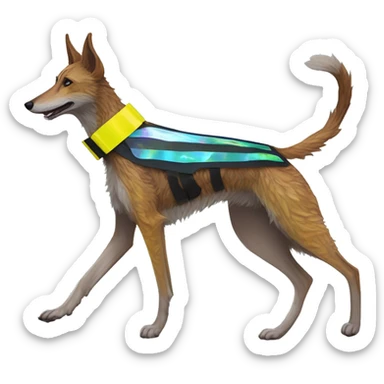  brindle brown black maroon striped lurcher Alsatian fox running blue eyes and iridescent holographic oilslick harness wearing paper iridescent tropical flower crown yellow caution tape sticker