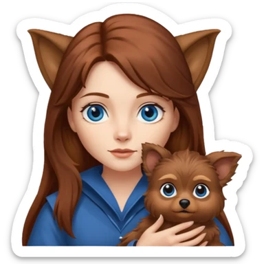 long hair chestnut color blue eyes woman holding small pointy ear ewok dog sticker