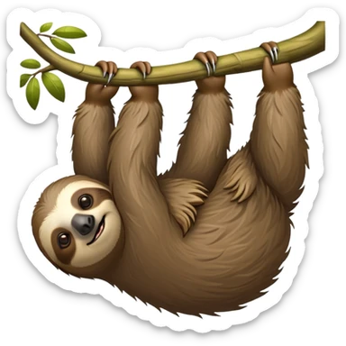 cinematic-sloth-realistic-full-body-hanging-emoji,-long-curved-claws-clinging-to-a-tree,-thick-shaggy-brown-fur-slightly-ruffled,-head-tilted-dramatically,-slow-blinking-eyes-filled-with-serene-wisdom,-simplified-yet-realistic-focused-features,-highly-detailed,-glowing-with-an-almost-sarcastic-glow sticker
