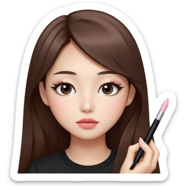 “korean straight long brown hair Emoji girl, soft eyeliner and blush, gradient lips, light brown shimmer eyeshadow sticker