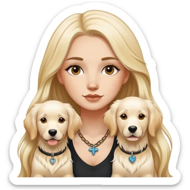a  white girl with long hair with tattoo with 2 white golden retriever  sticker