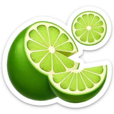 whole lime glossy green skin oval dimpled wedge cross-section beside showing pale green juicy interior radial segments no extras soft lighting emoji scale sticker