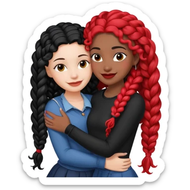 White girl long black hair hugs black girl with red French curl braids  sticker