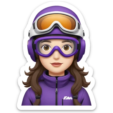 I’m sitting on snowmobile goggles and helmet not covering my face brown eyes long wavy hair white skin dark purple change snowmobile color to dark purple and white not yellow Snowmobile helmet and goggles, not on my face pants black no glasses on my face sticker