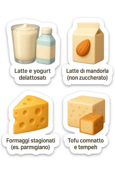emoji stile iphone 3d di questi elementi che fluttuano in aria:

Latte e yogurt delattosati
Latte di mandorla (non zuccherato)
Latte di soia da proteine isolate
Formaggi stagionati (es. parmigiano)
Tofu compatto e tempeh
 che fluttuano in aria,  le etichette scrivile in italiano, iperealistico 4k sticker