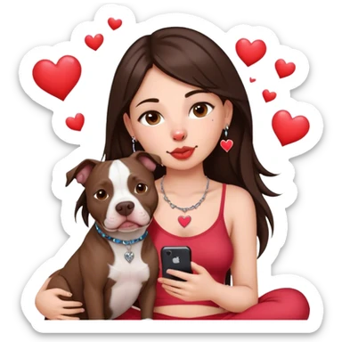 Young girl was long, dark brown hair sits with her dog who is a pretty girl pitbull with her cell phone in her hand in a small septum ring in her nose was hearts flying all around her sticker
