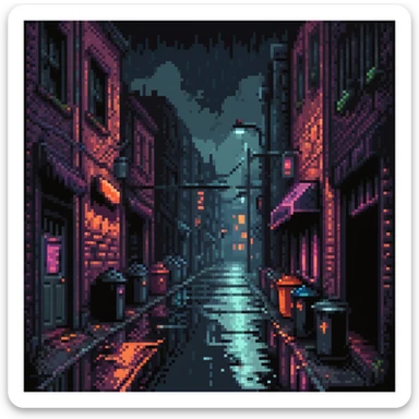 Pixel art background, dark Gotham City alley at night, flickering neon signs, wet asphalt, trash bins, moody streetlight, silhouettes in windows, Sega fighting game style
 sticker