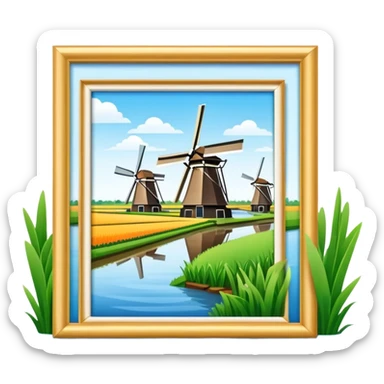Cinematic Realistic Kinderdijk Windmills Landmark Emoji, showcasing traditional Dutch windmills aligned along a tranquil canal, with lush green fields, soft ripples in the water. sticker