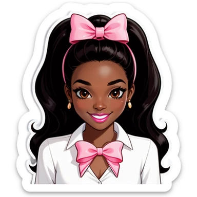 Darkskin girl with brown lip liner and light pink lips long black hair white shirt coquette bow in the front of her hair facing forward smiling good jewelry  sticker