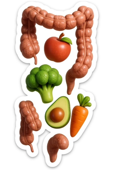 emoji stile iphone in 3d di cibo sano che fluttua in aria vericalmente insieme a pezzi di colon umano anatomico, iperrealistico 4k sticker