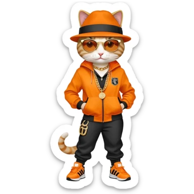 female cat wearing Run DMC hip-hop outfit with tracksuit, fedora, Adidas sneakers, dark sunglasses, many gold chains, upright pose sticker