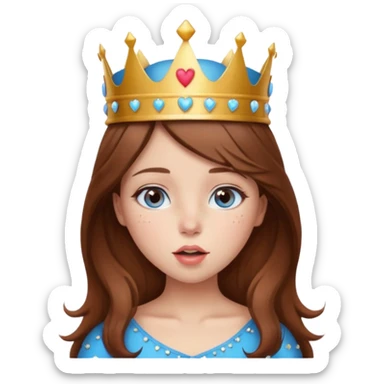a girl with brown hair, blue eyes and freckles, who wears a crown and is blowing a heart kiss  sticker