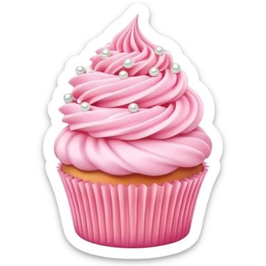 Cinematic Realistic Pink Cupcakes, fluffy pastel pink frosting swirled elegantly on top of golden cupcakes, tiny edible pearls adding a delicate touch, soft warm lighting creating a dreamy atmosphere, glowing with sweetness and charm. sticker
