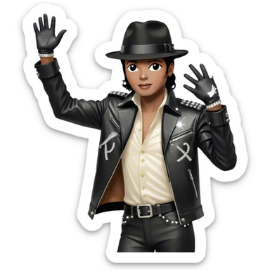 Icon for R&B Music: Michael Jackson in full growth in his black fedora, sparkling glove, and leather jacket, striking his famous final pose after performing, with one arm raised and head tilted back. Musical notes surround him, symbolizing the essence of R&B. Transparent background. sticker