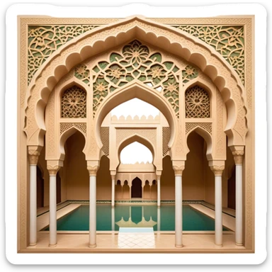 Alhambra – Cinematic Realistic Alhambra, depicted as a majestic Moorish palace with intricately carved arches, lush courtyards, and detailed tile work, bathed in soft golden light and dynamic shadows that highlight its opulent historical beauty. sticker