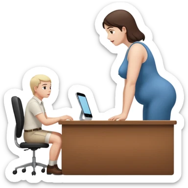A tiny man on a desk looking up at a giant woman sticker