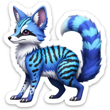 Feral chubby floofy fluffy puffy furry Rare Fantasy vibrant dark shady shaded detailed deep-dark-cobalt-blue-gradients-colored colorful Vernid-Sergal-Genet-Trico-Fox-species by LiLaiRa, with dark-blackish points, white belly, random markings, tufted tail, tufted ears, full body sticker