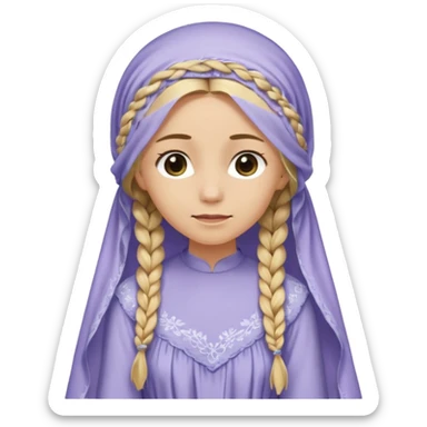 
mujer, Joven, de aspecto dulce y elegante.
Piel clara, ojos grandes y expresivos, sonrisa triste.
Rubio o castaño claro, largo, con trenzas o velo.
Vestido largo cubriendole los zapatos, çde tonos suaves (blanco, azul o lavanda), con bordados dorados; toca fina cubriendo la cabeza. sticker