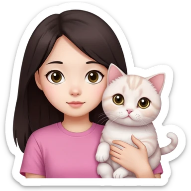 This Chinese girl's got fair skin and big black eyes. She's got long dark brown hair and she's wearing a pink t-shirt. She's holding a white Scottish Fold cat. sticker