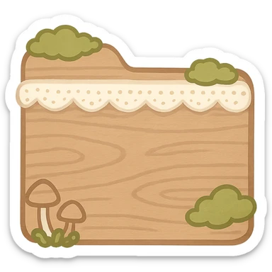 Create a folder icon in the exact same cottagecore style as the referenced PC icon. Use soft earthy tones, moss, tiny mushrooms, delicate lace, and rustic wooden texture. The icon should have no words or text and a transparent background. Match the cozy, natural, and detailed aesthetic of the cottagecore style shown in the reference. sticker