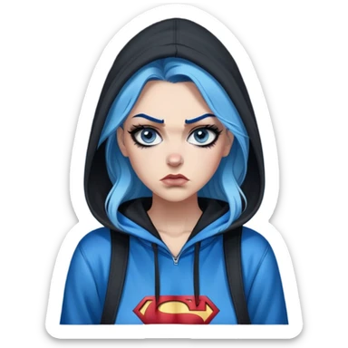 Female-Very tall-very very very large chest-really angry-waiting for a text-very long straight flat black to sky blue hair ombre-blue eyes-black eyeliner-long eyelashes-hoodie with glitter superman logo-overalls-lip pierced sticker